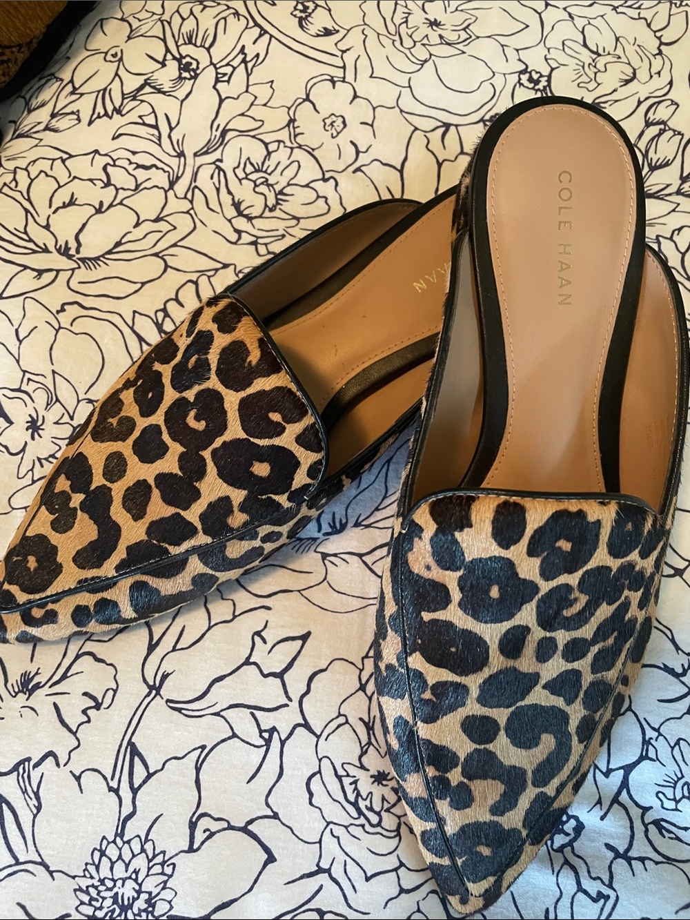 Cole Haan Leopard-Print Pointed Mules in Tan and Black